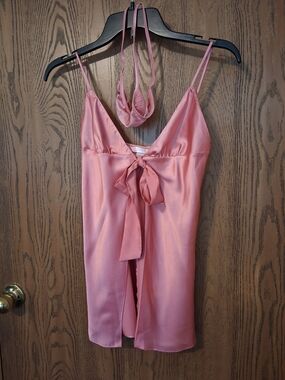 Victoria's Secret Pink Satin Front-Tie Chemise with G-String Set